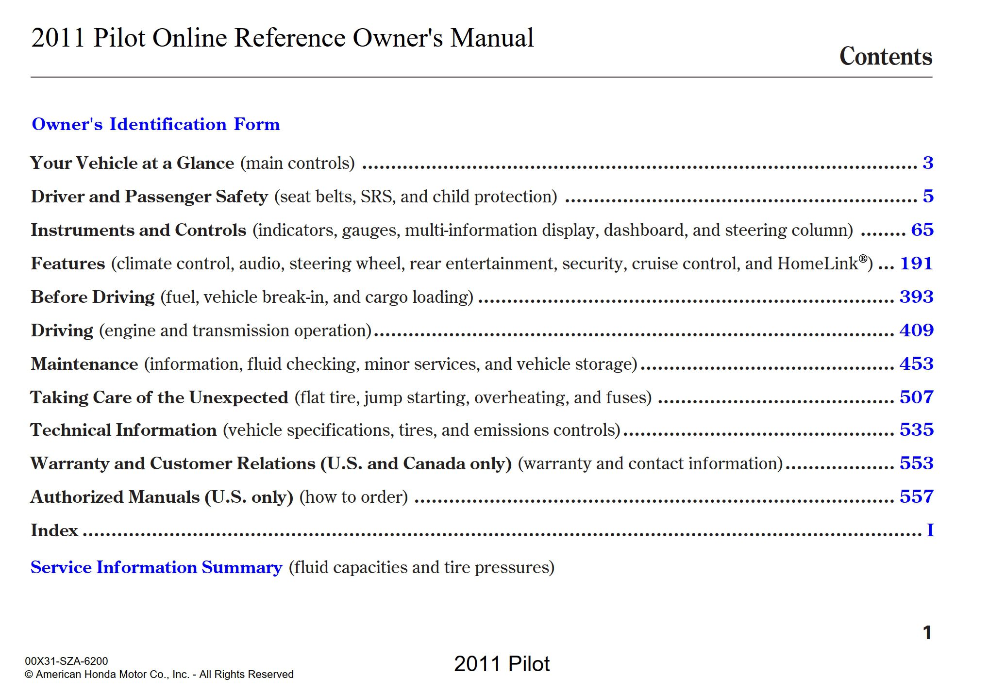 2011 honda pilot owner's manual