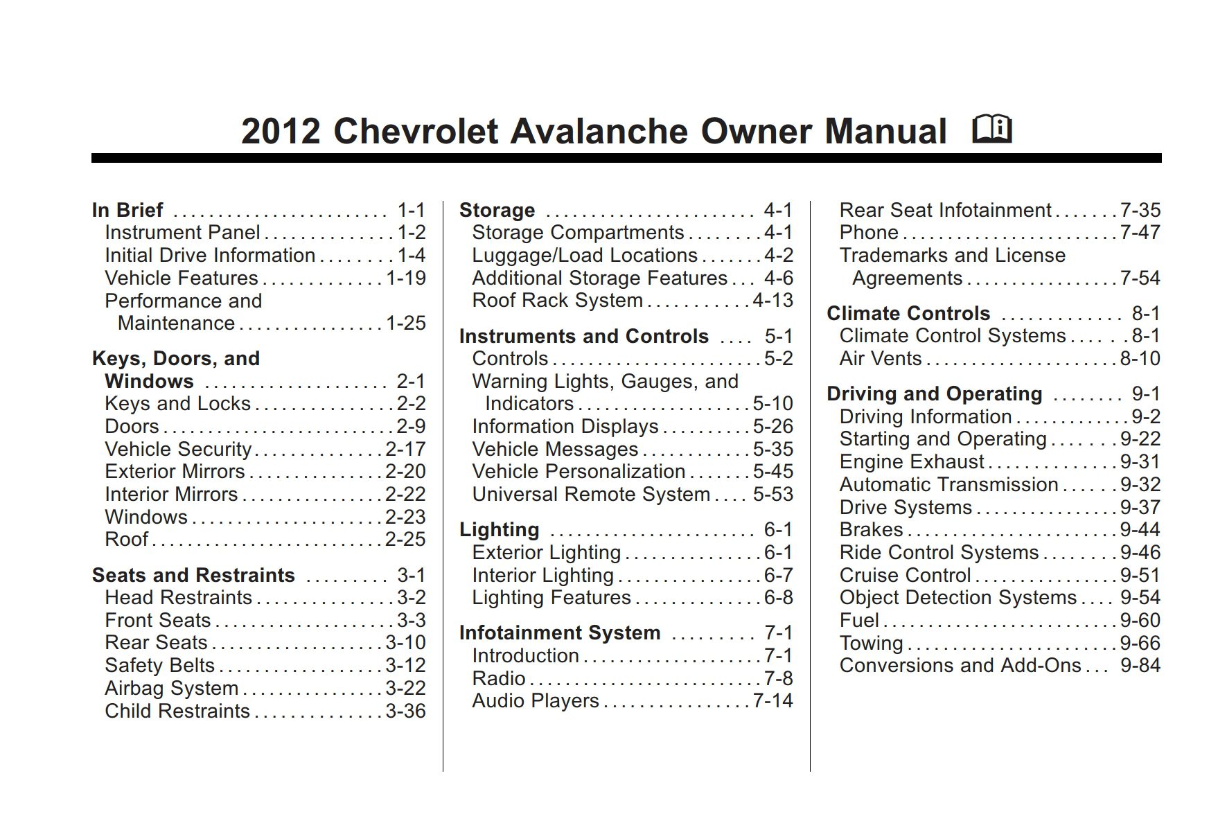 2012 chevrolet avalanche owner manual