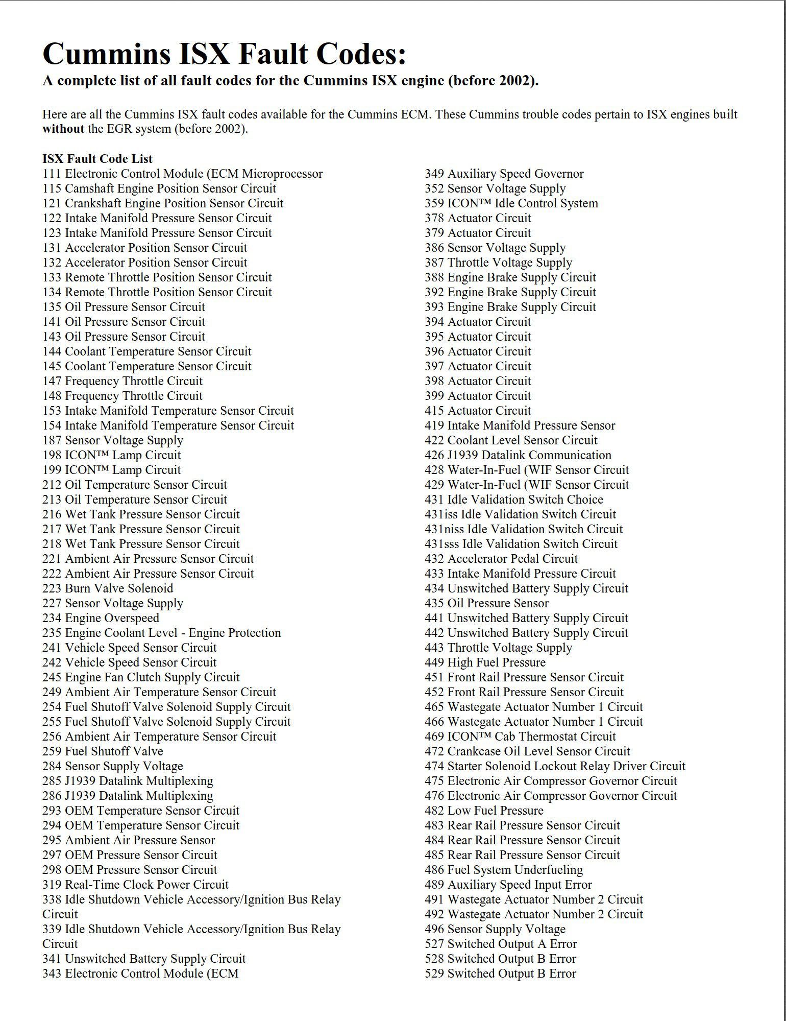 cummins isx fault codes (pre 2002)