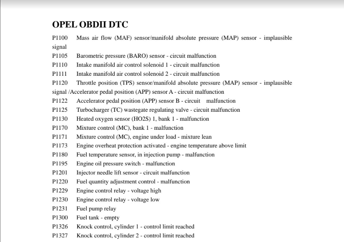 diagnostic trouble codes for opel