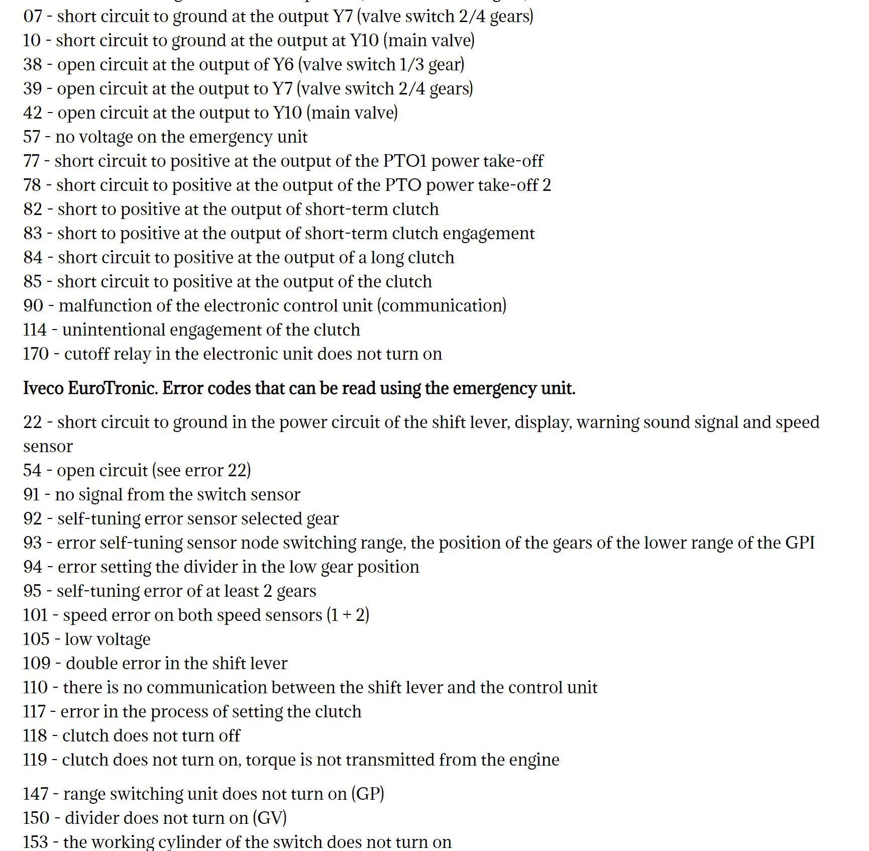 fault codes for iveco eurotronic gearboxes