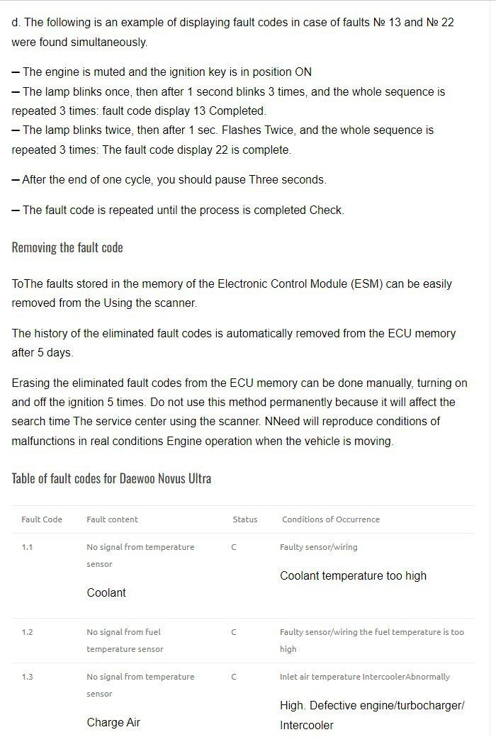 list of fault codes for daewoo ultra novus