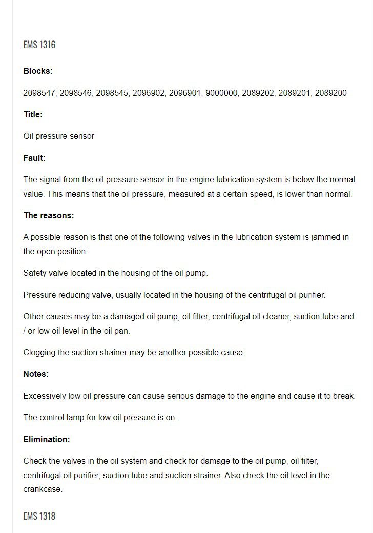 list of fault codes for the ems scania engine control unit 1316 4170