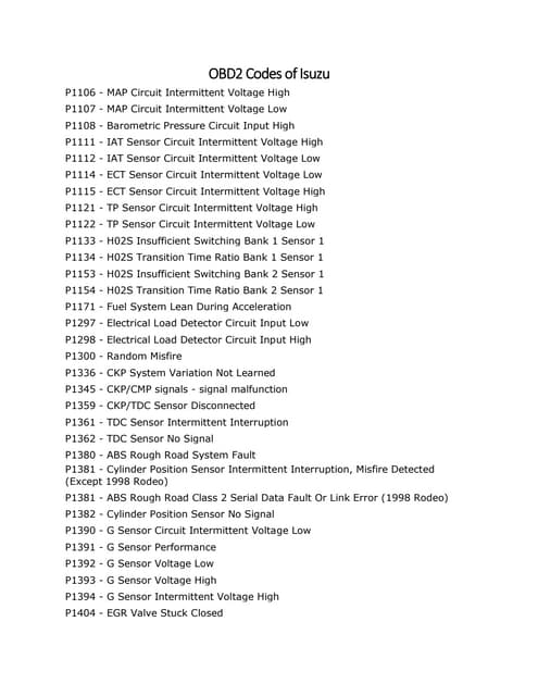 obd2 fault codes for isuzu truck