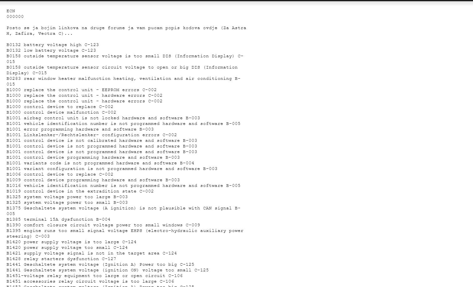 opel astra trouble codes