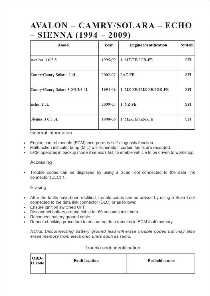 toyota avalon camry solara echo sienna 1994 2009 obd2 fault code list